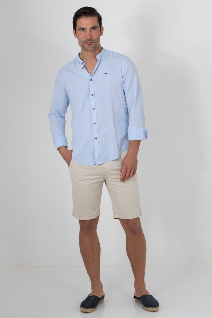 Camisa Creta Cotolino Cuello Mao Celeste