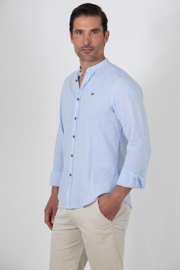 Camisa Creta Cotolino Cuello Mao Celeste