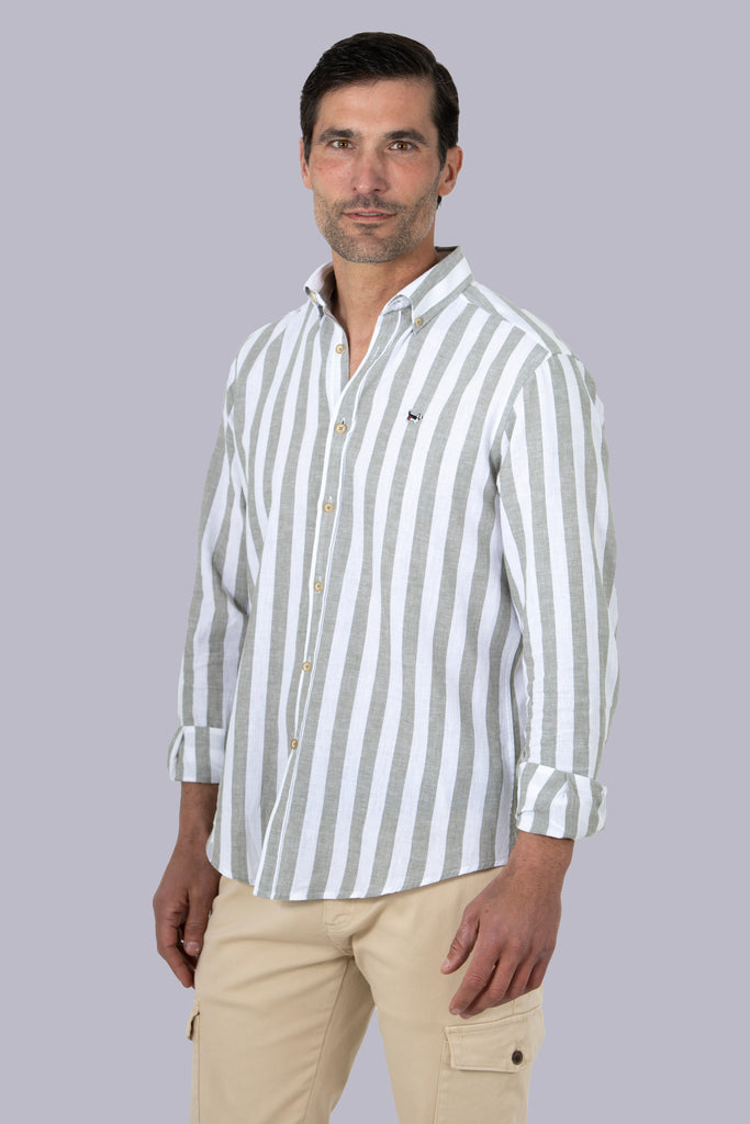 Camisa Luarca Lino Raya Ancha Verde