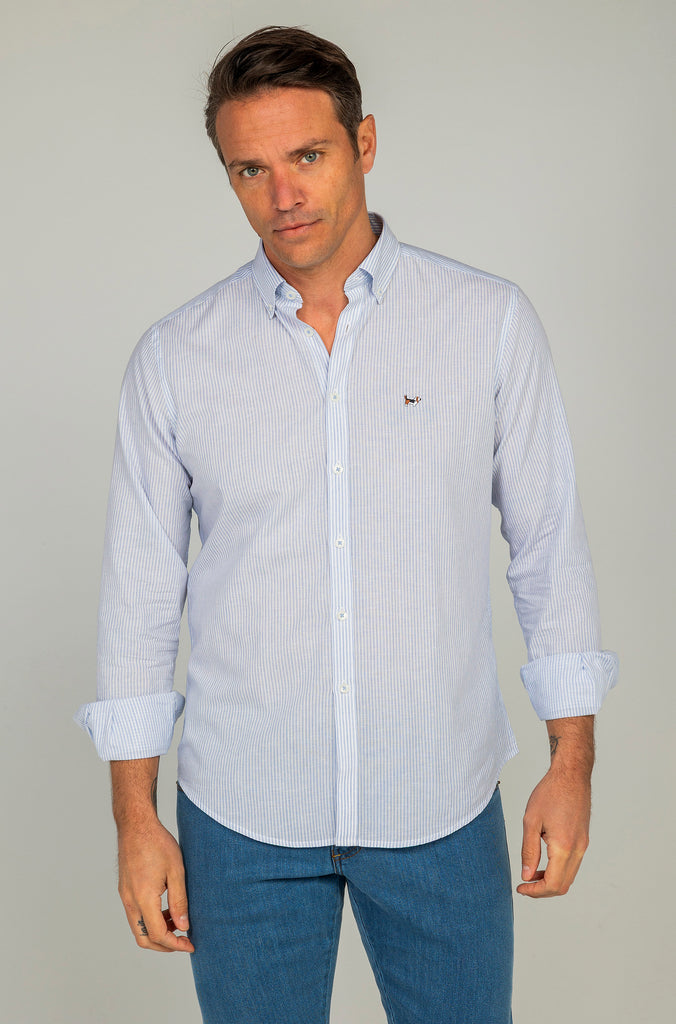 Camisa Lino Tencel Rayas Celeste
