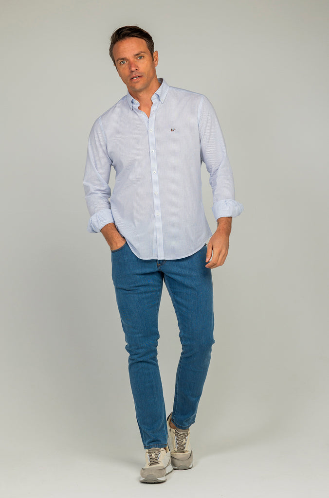 Camisa Lino Tencel Rayas Celeste