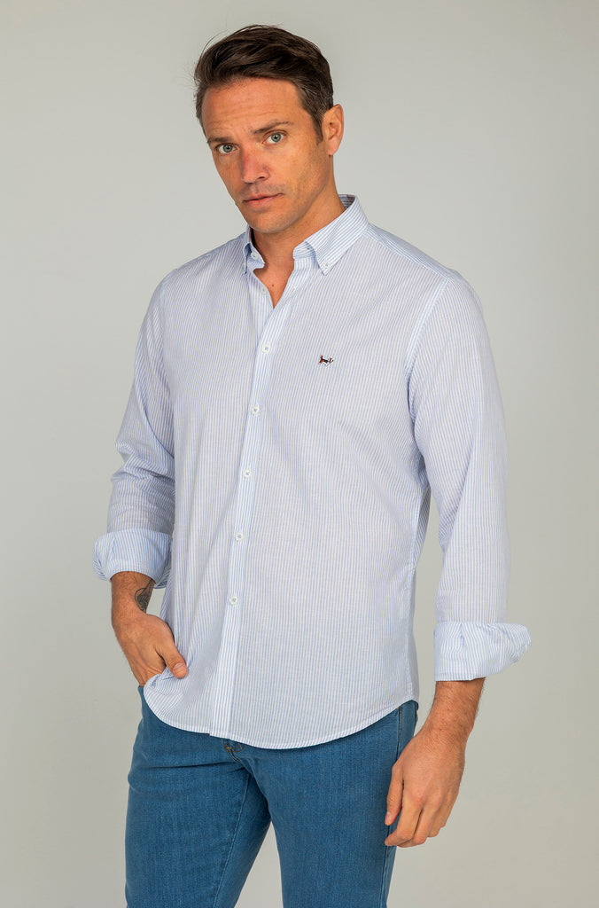 Camisa Lino Tencel Rayas Celeste
