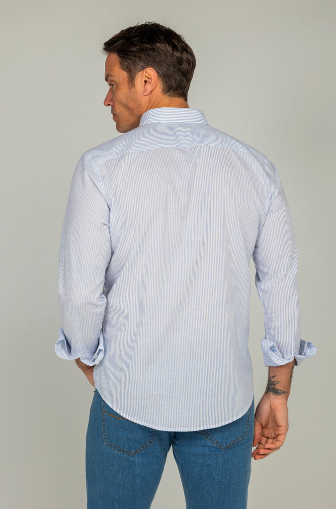 Camisa Lino Tencel Rayas Celeste