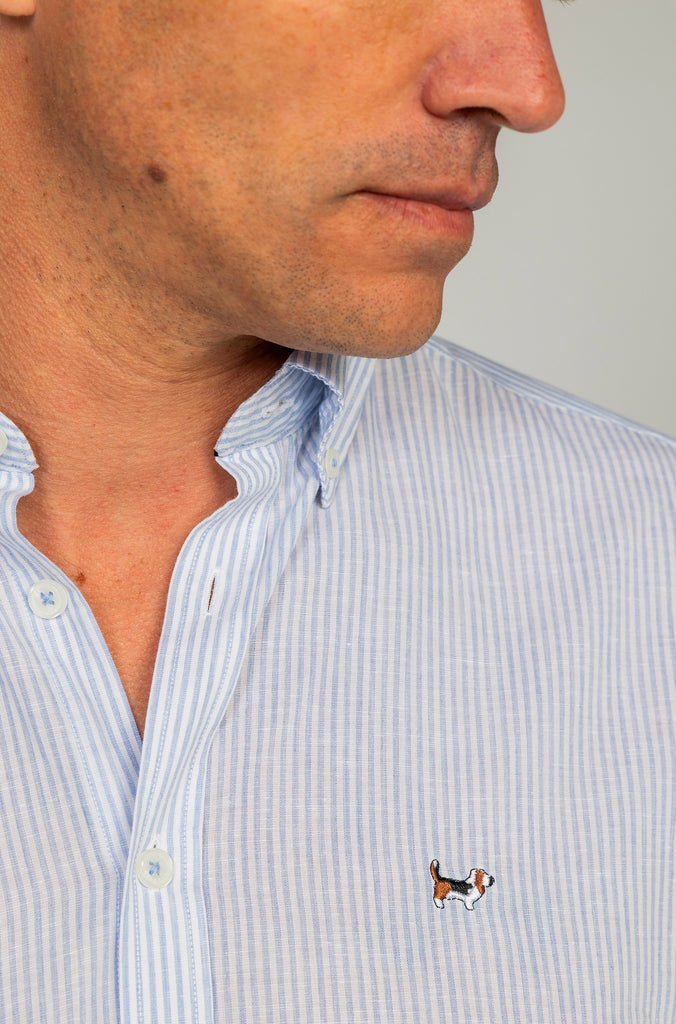 Camisa Lino Tencel Rayas Celeste