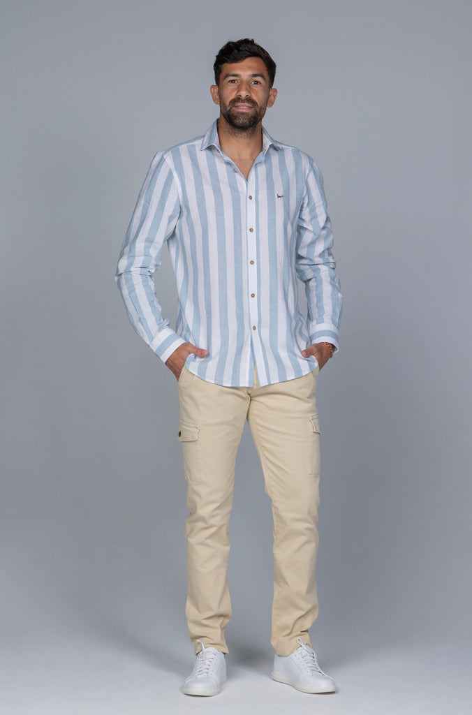 Camisa Mahón Lino Raya Ancha Celeste