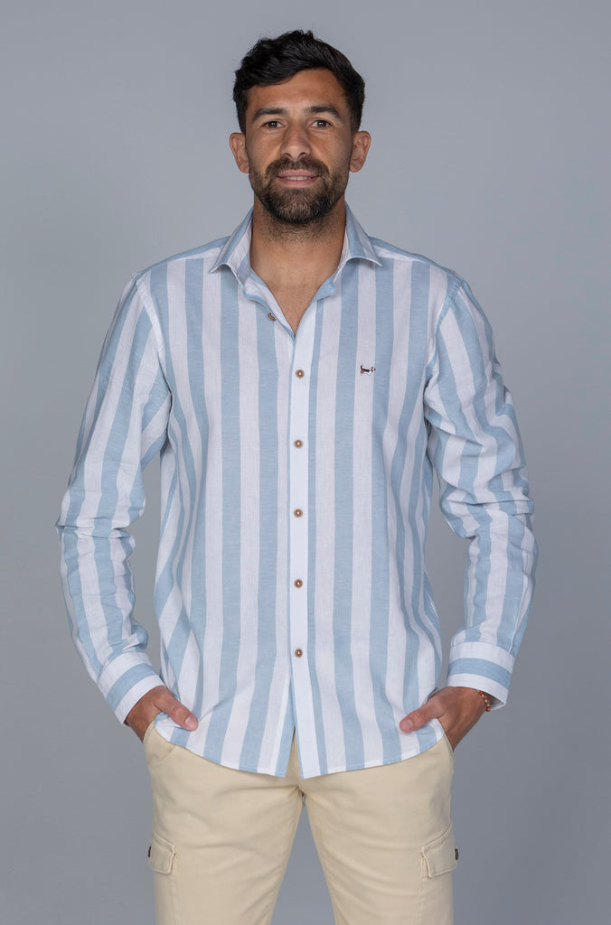 Camisa Mahón Lino Raya Ancha Celeste