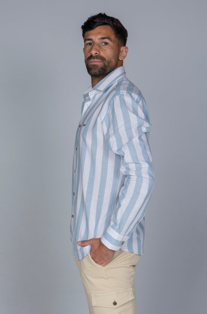 Camisa Mahón Lino Raya Ancha Celeste