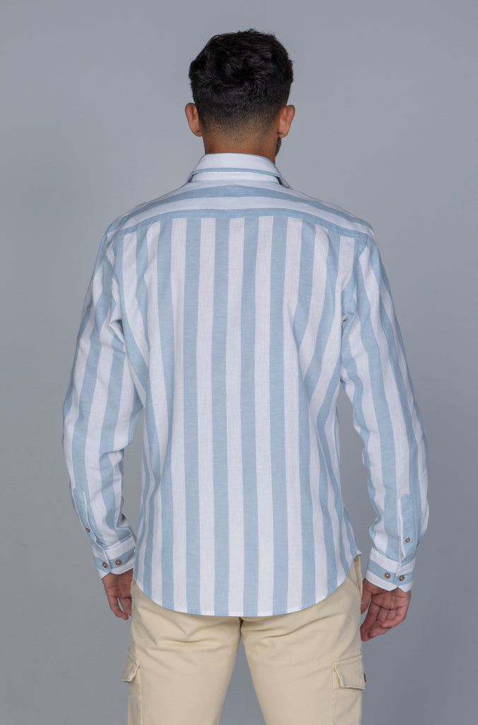 Camisa Mahón Lino Raya Ancha Celeste