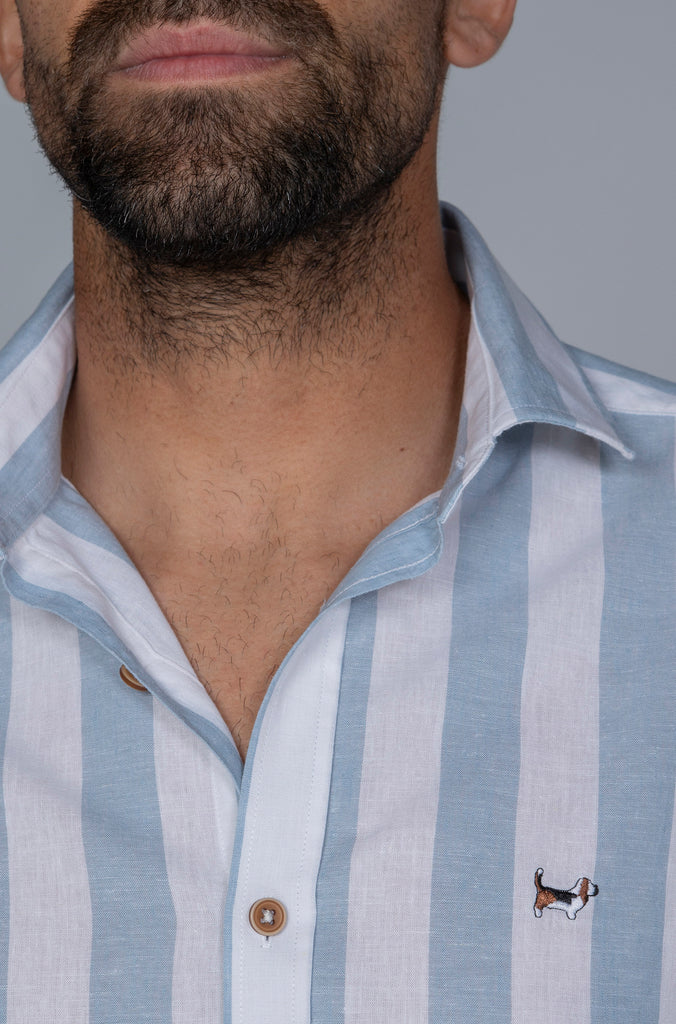 Camisa Mahón Lino Raya Ancha Celeste
