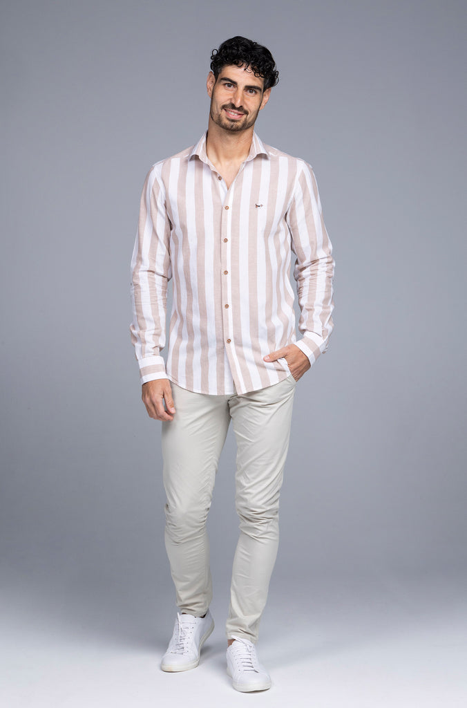 Camisa Mahón Lino Raya Ancha Salmon