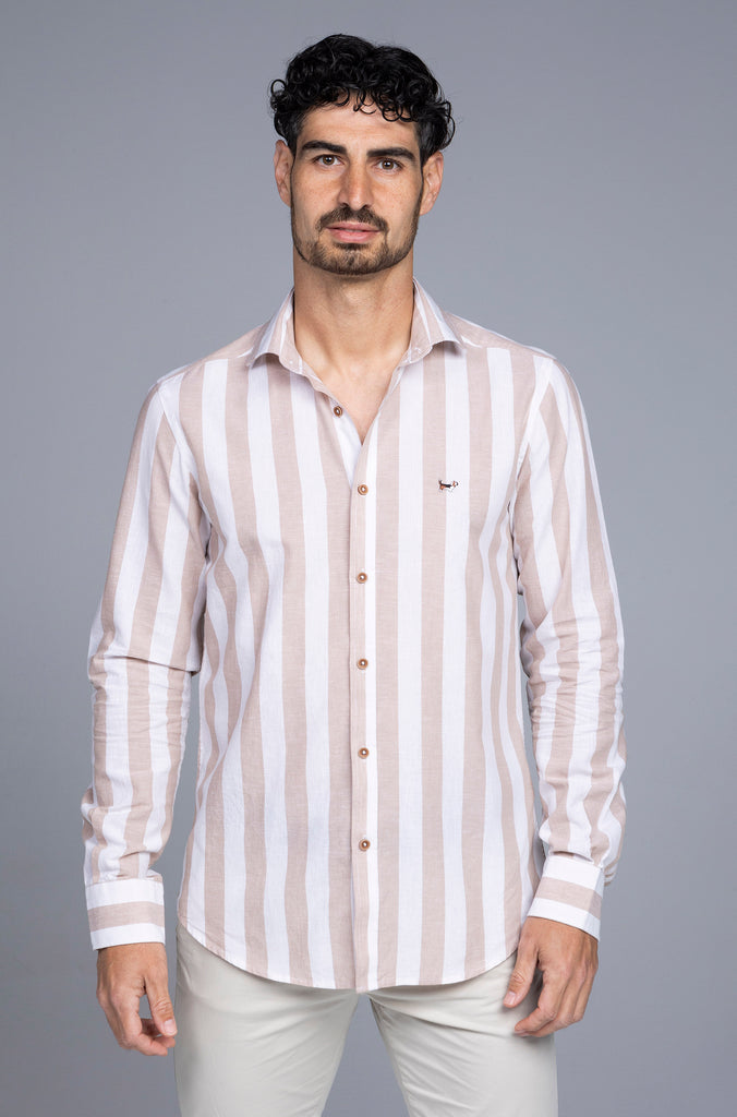 Camisa Mahón Lino Raya Ancha Salmon