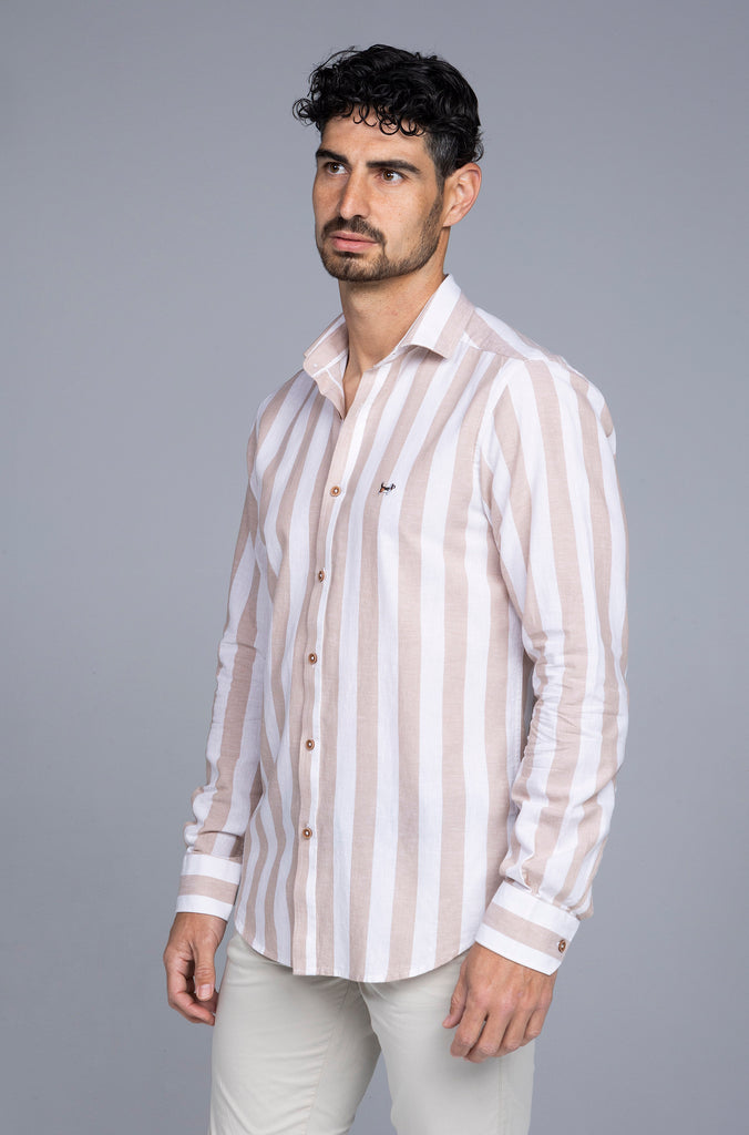 Camisa Mahón Lino Raya Ancha Salmon