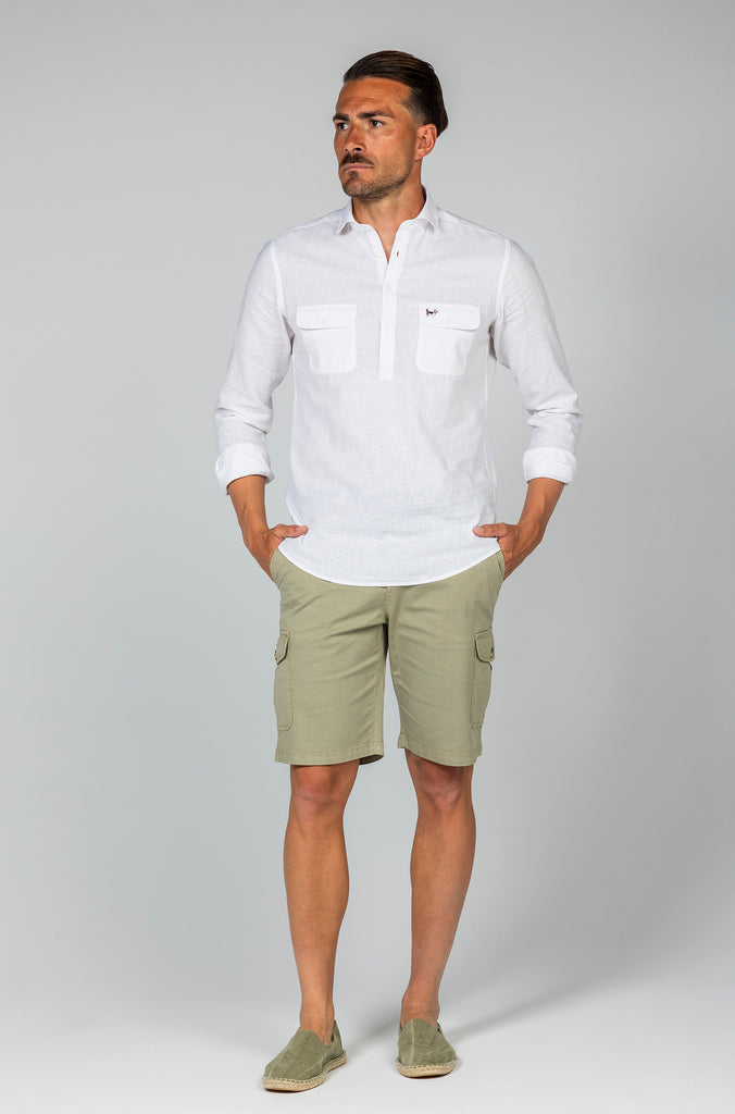 Camisa Polera Lino Doble Bolsillo Blanca