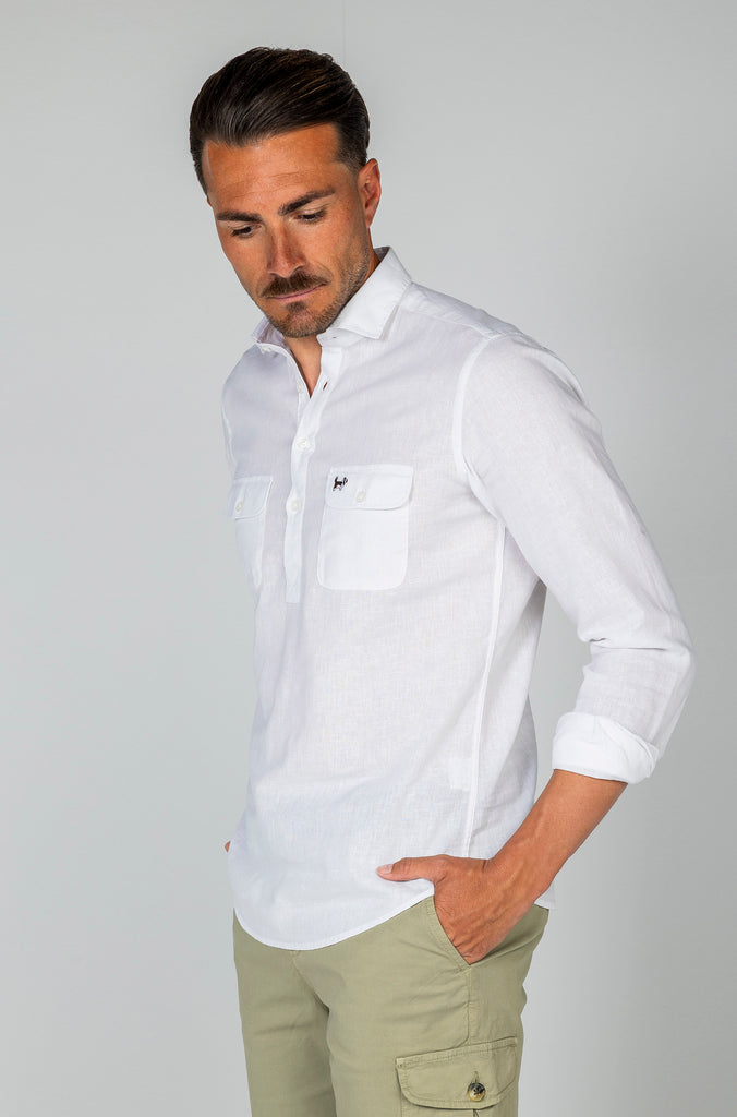 Camisa Polera Lino Doble Bolsillo Blanca