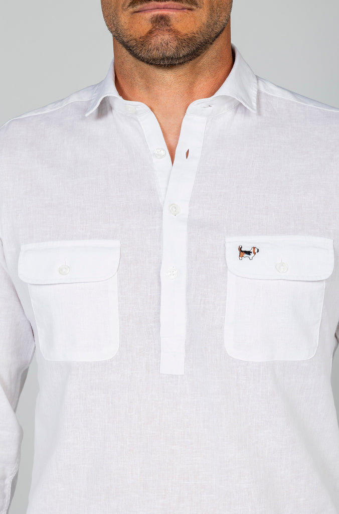 Camisa Polera Lino Doble Bolsillo Blanca