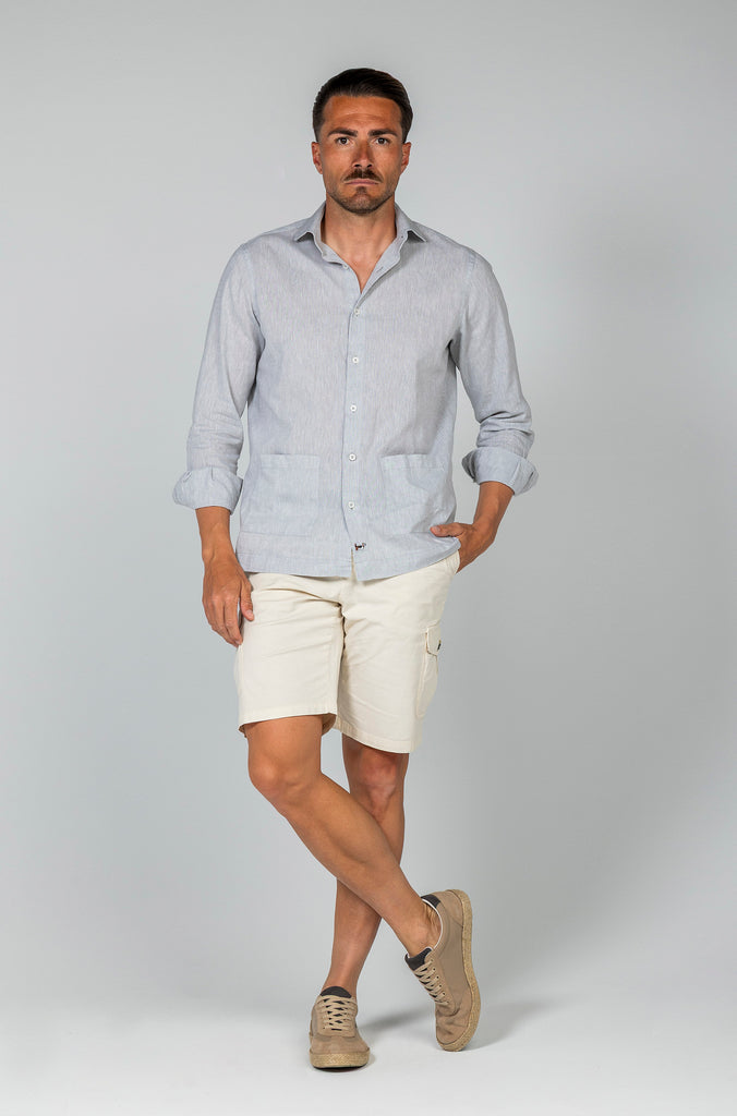 Camisa Lino Sport Doble Bolsillo Gris Suave