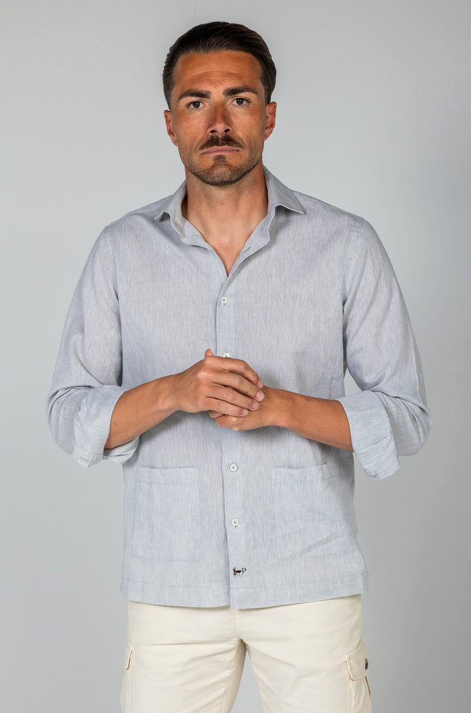 Camisa Lino Sport Doble Bolsillo Gris Suave