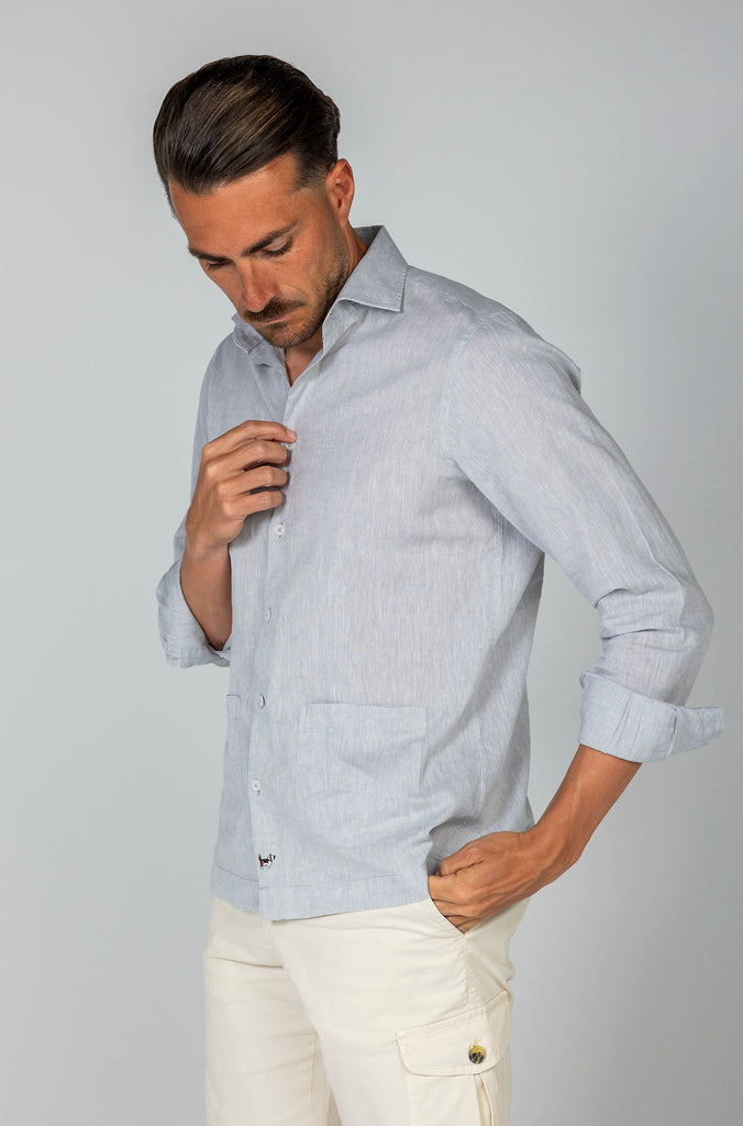Camisa Lino Sport Doble Bolsillo Gris Suave