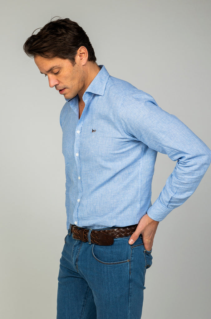 Camisa Lino Pata Gallo Celeste