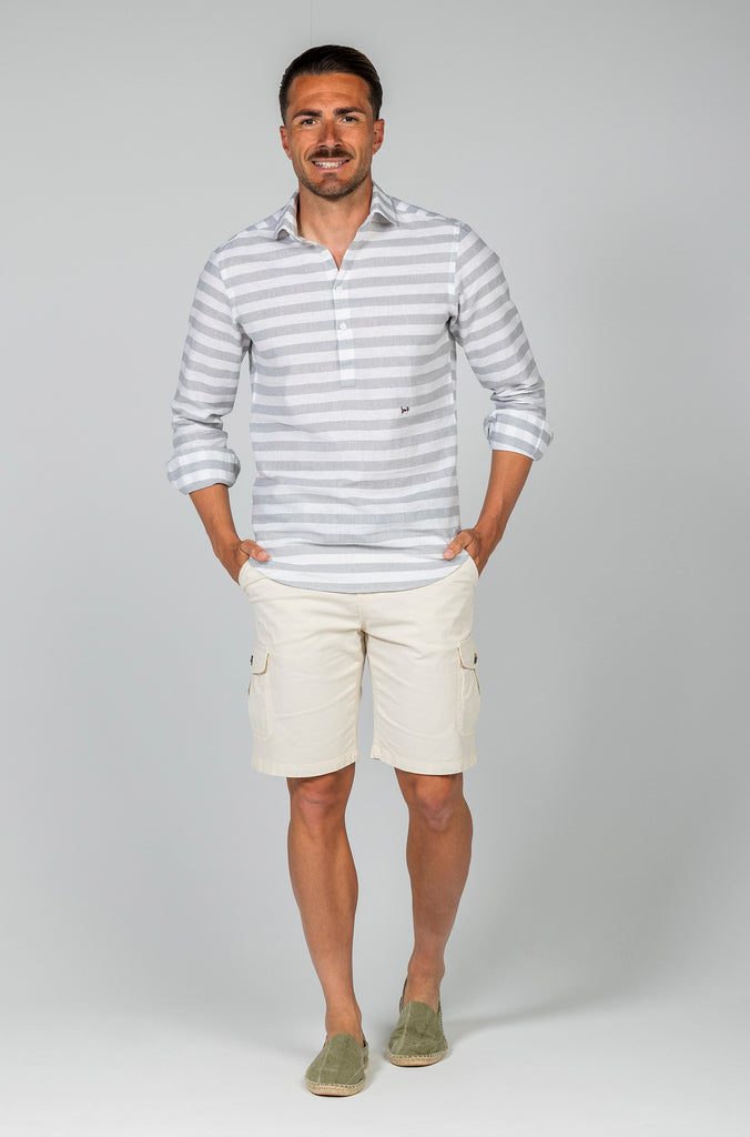 Camisa Polera Lino Raya Barré Ancha Gris Soft