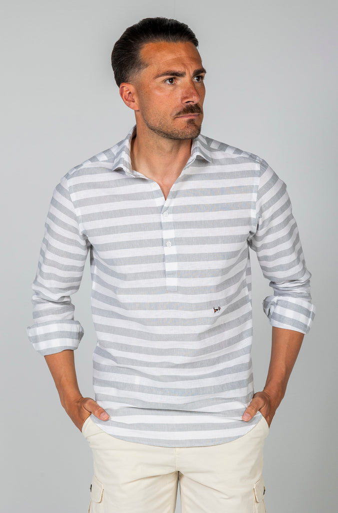 Camisa Polera Lino Raya Barré Ancha Gris Soft