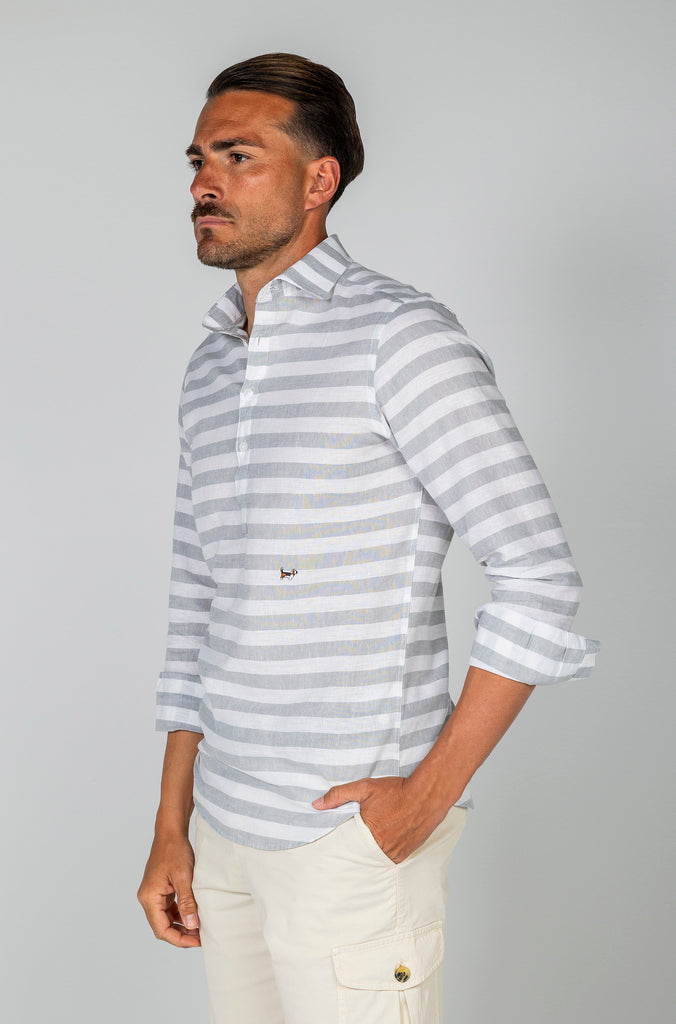 Camisa Polera Lino Raya Barré Ancha Gris Soft