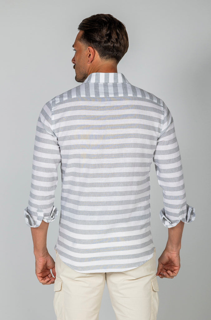 Camisa Polera Lino Raya Barré Ancha Gris Soft