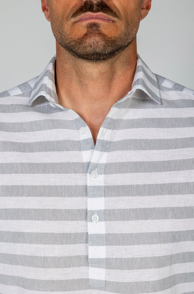 Camisa Polera Lino Raya Barré Ancha Gris Soft