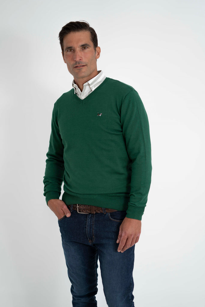 Suéter Liso Cuello Pico Verde Botella