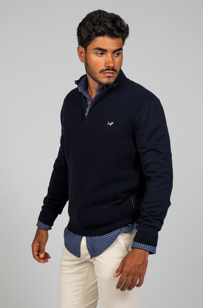 Jersey Perlado Cuello Zipper Marino