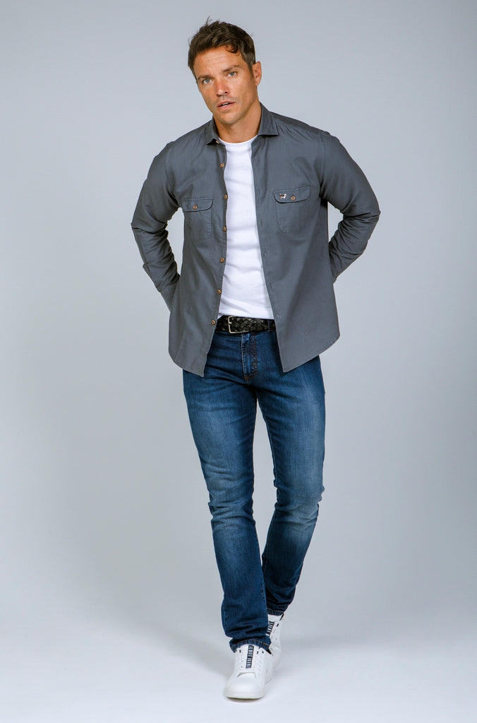 Camisa Pinpoint Doble Bolsillo Tintada Gris Plomo