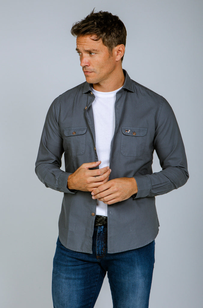 Camisa Pinpoint Doble Bolsillo Tintada Gris Plomo