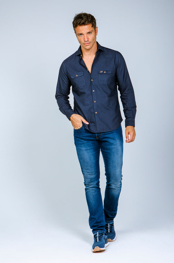 Camisa Pinpoint Doble Bolsillo Tintada Marino