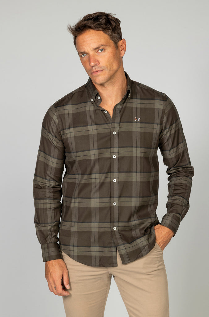 Camisa Herringbone elástica tartán verde
