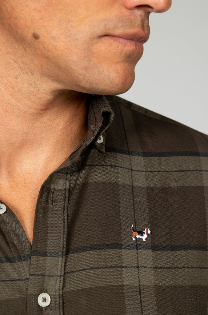 Camisa Herringbone elástica tartán verde