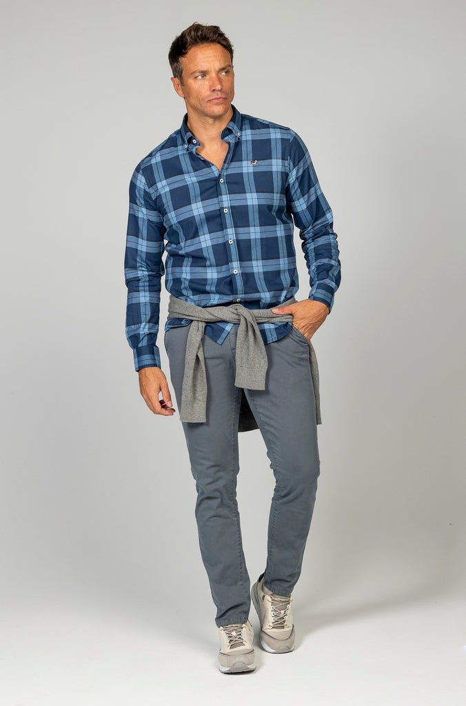 Camisa Herringbone elástica tartán azul