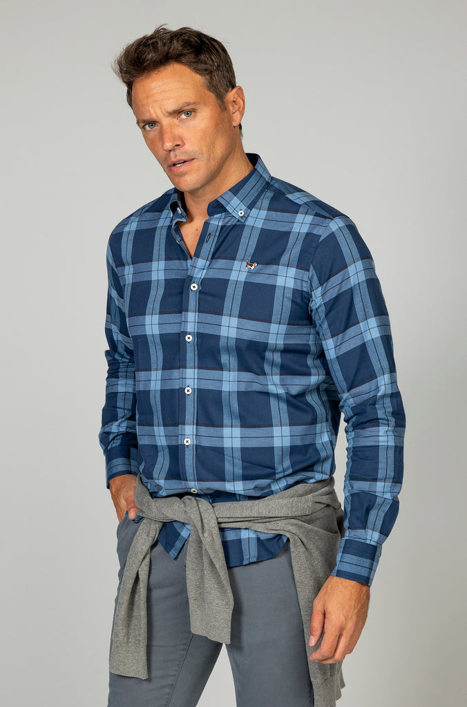 Camisa Herringbone elástica tartán azul
