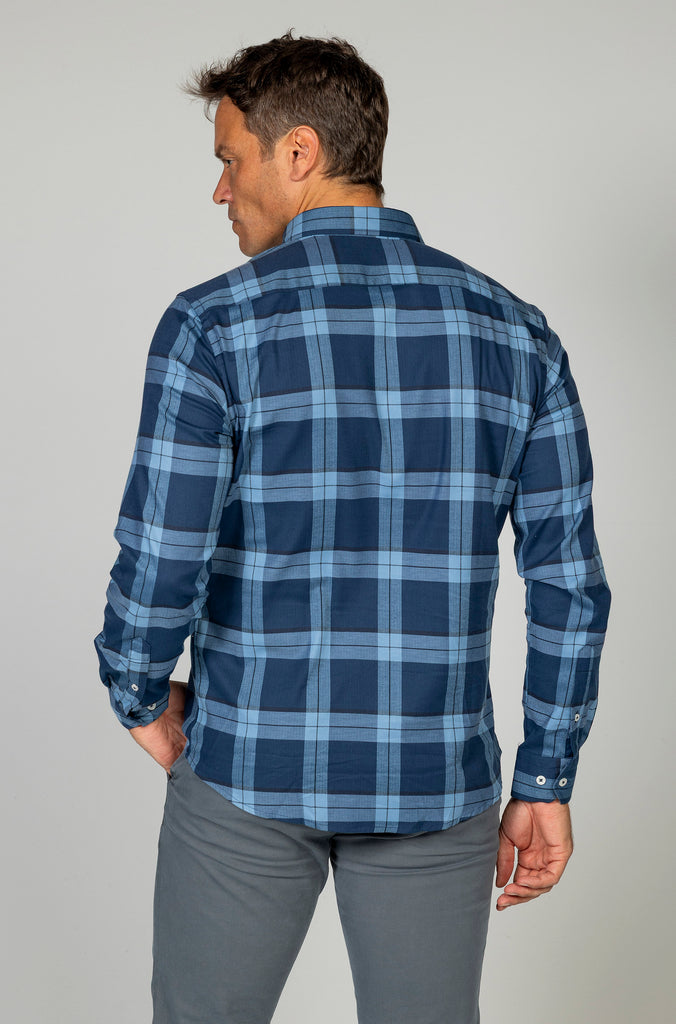 Camisa Herringbone elástica tartán azul