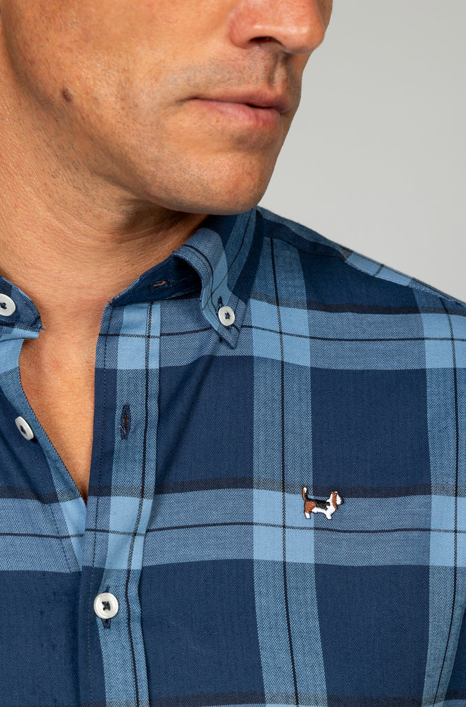 Camisa Herringbone elástica tartán azul