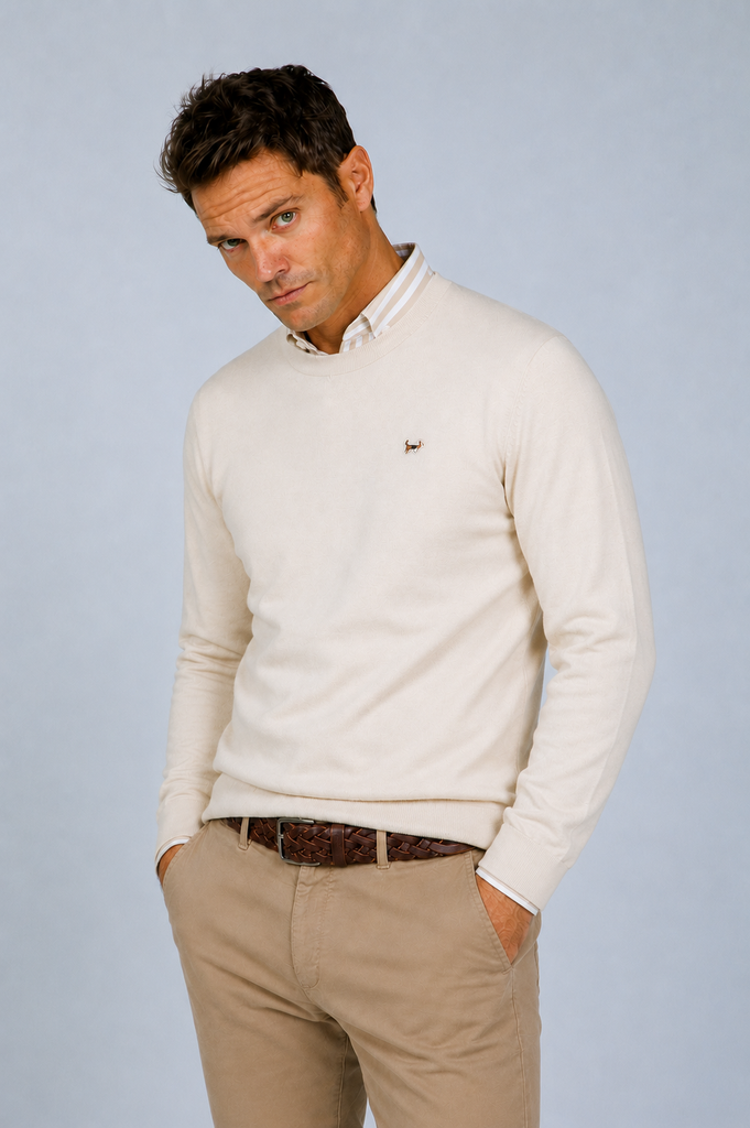 Jersey Liso básico Cuello Caja Crema