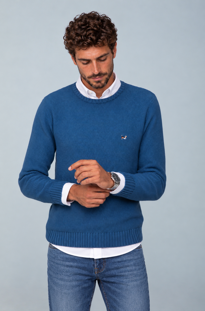 Jersey Granulado Cuello Redondo Índigo