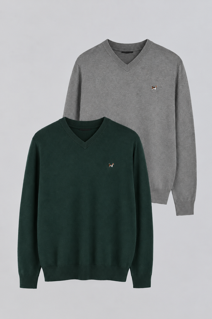 Pack jersey cuello pico color gris y verde botella