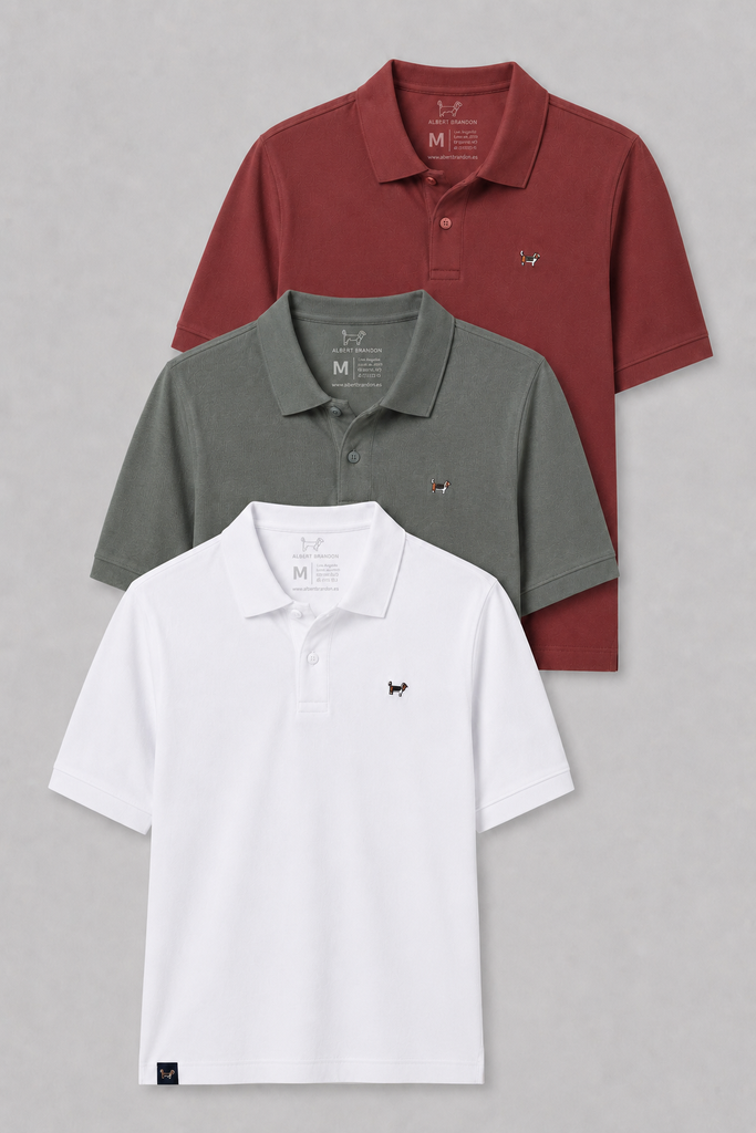 Pack tres polos básicos burgundy, blanco y gris plomo