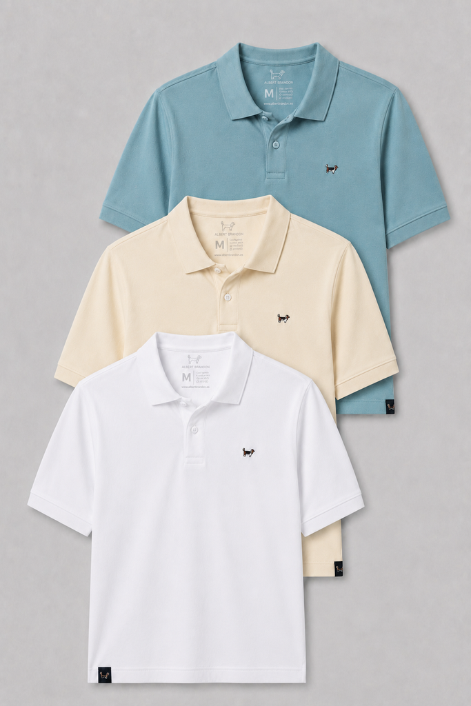 Pack tres polos técnicos crema, blanco y azul soft
