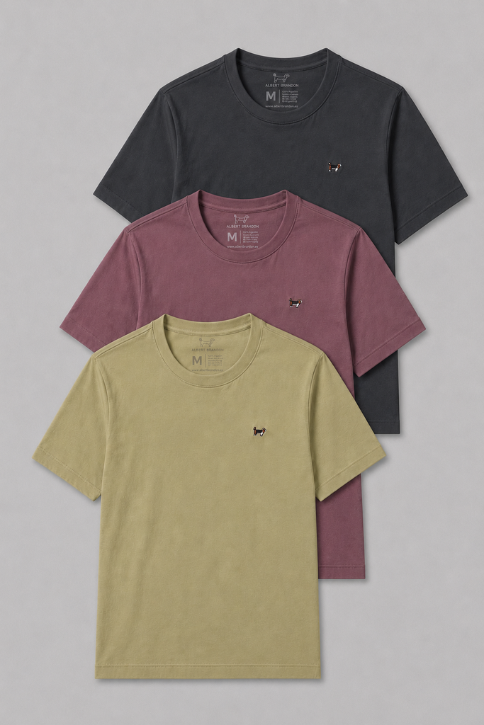 Pack tres camisetas básicas gris plomo, mauve y verde jade