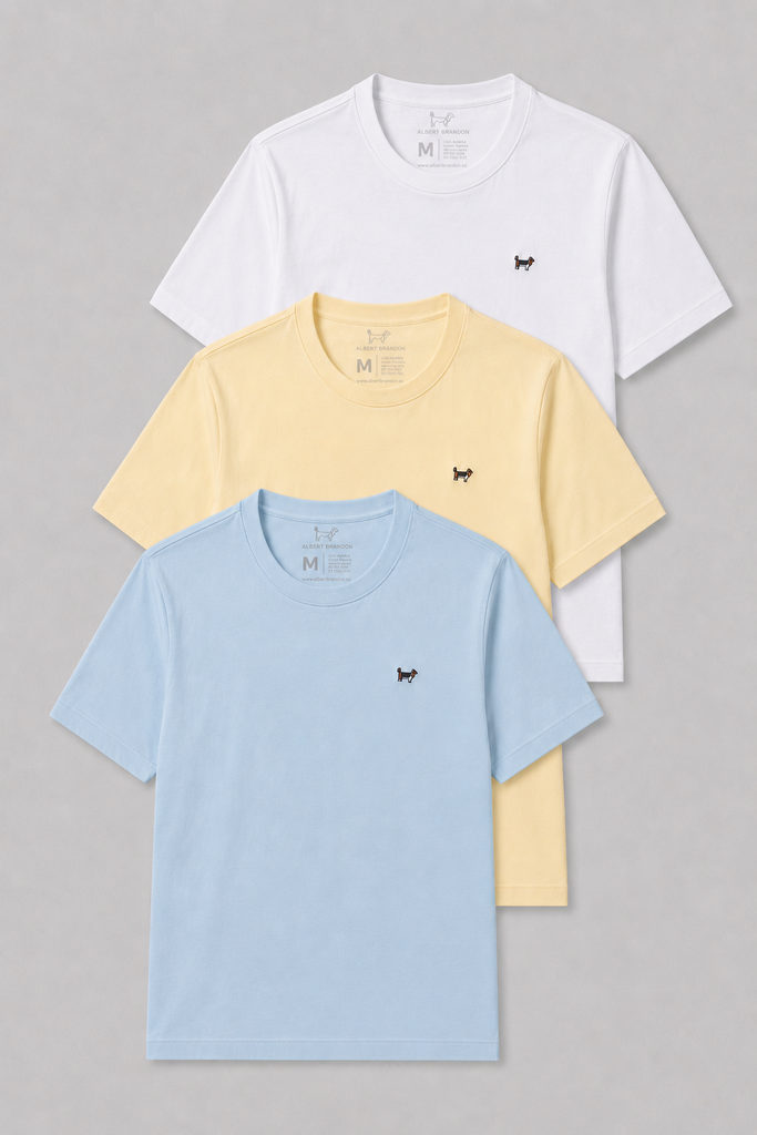 Pack tres camisetas básicas blanca, amarillo palo y turquesa soft