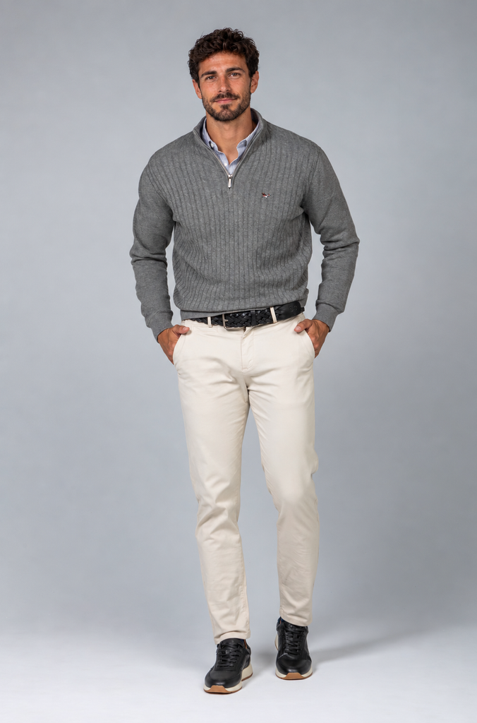Jersey Ochos Cuello Zipper Gris Medio