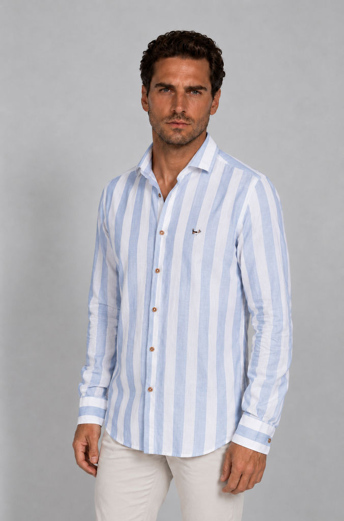 Camisa Lino Raya Ancha Celeste