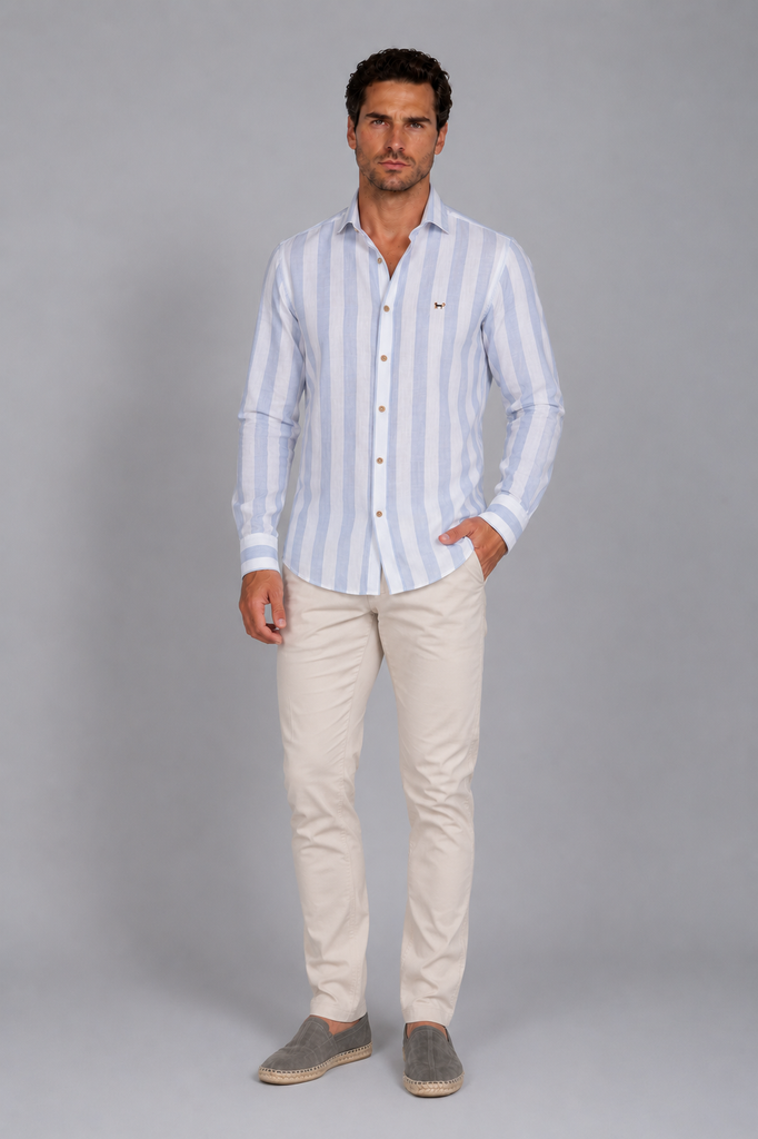 Camisa Lino Raya Ancha Celeste