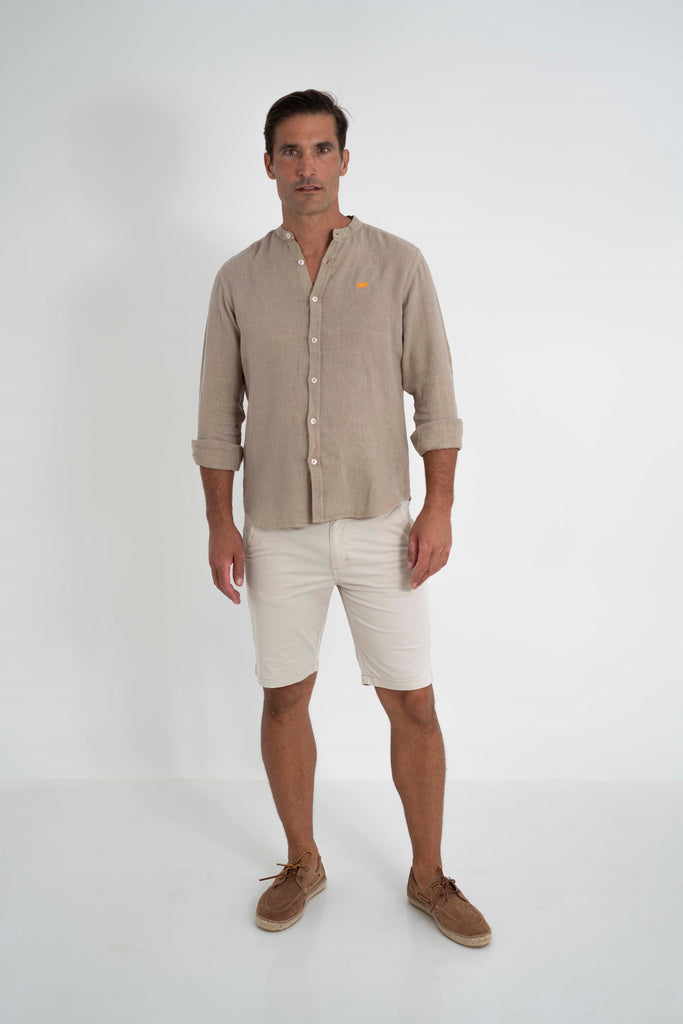 Camisa Milano Premium 100% Lino Cuello Mao Kaki